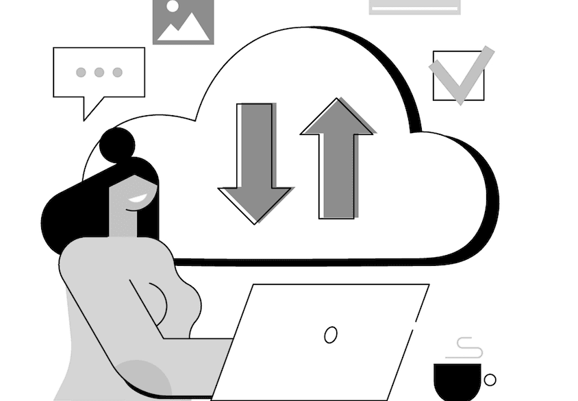 Abstract art of a person evaluating software on a computer