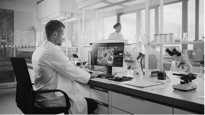 Scientist looking at microbes on a computer