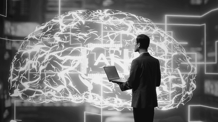 Man holding laptop looking away from camera at 3D holographic model of brain with AI microchip in the middle | Featured Image for the ISO 42001 Certifications service landing page.
