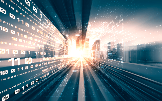 City landscape with binary code coming towards the viewer from the middle light source | Featured Image for the ISO 42001 Certifications service landing page.