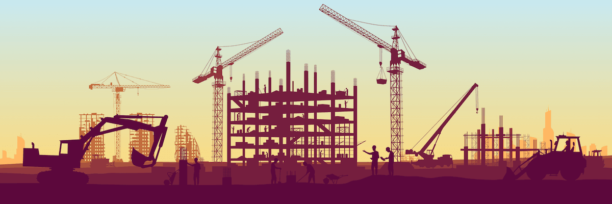 Landscape of a construction site with machinery and a half-built structure