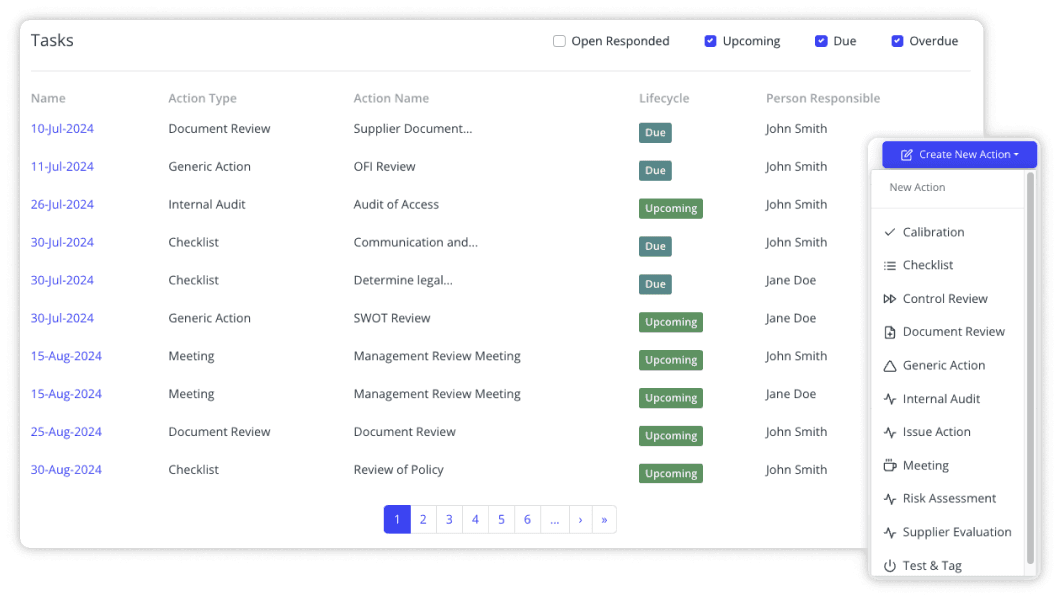 An actions table, viewing upcoming, due and overdue tasks