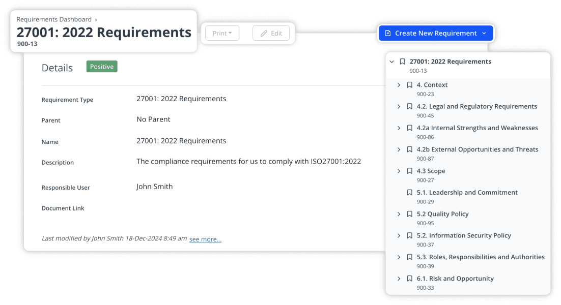 Details of an ISO 27001:2022 Framework, with clauses in the side-bar on the right, and a create new requirement button on the top right
