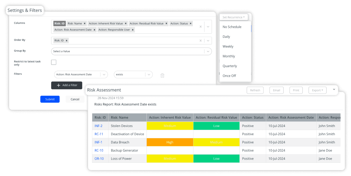 Settings and filters for a report, with a generated risk report and recurrence options.