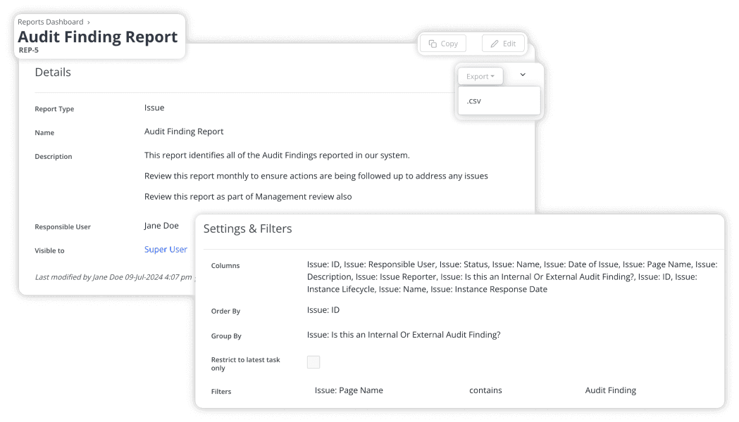 Issue Report, with an export button and settings and filters
