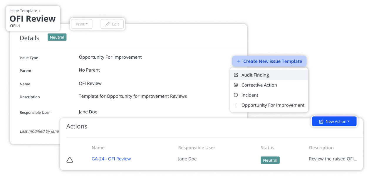 Opportunity for Improvement Template, with associated actions, and New Template dropdown