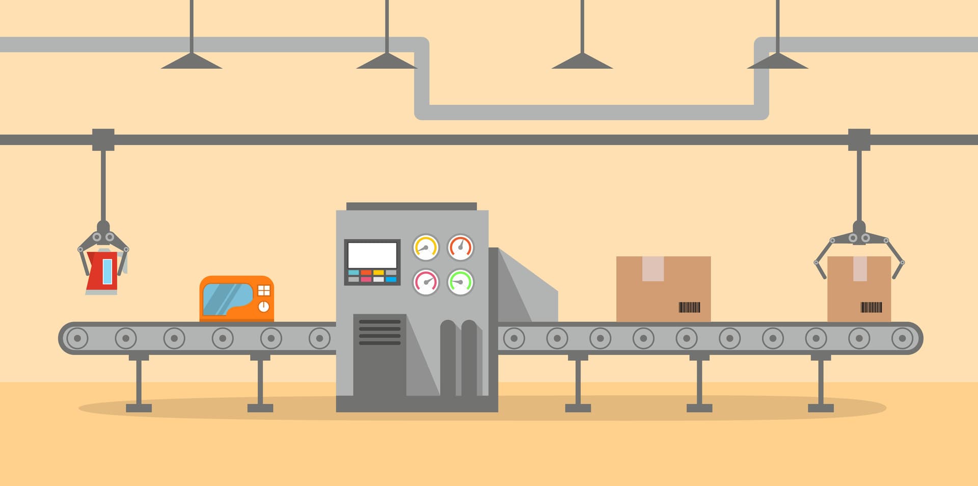 Manufacturing line in black and white with automated robots