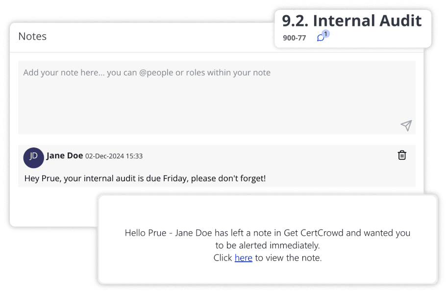 In-app notes with an email notification