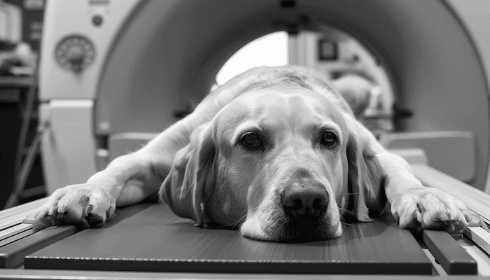 Golden retriever dog in an MRI with puppy eyes | Featured Image for the National Safety and Quality Mental Health Standards for Community Managed Organisations service page