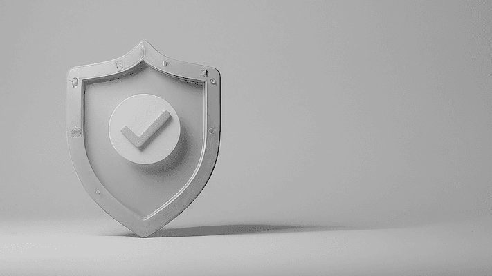 Badge with a check mark in the center on the left hand side of an empty landscape