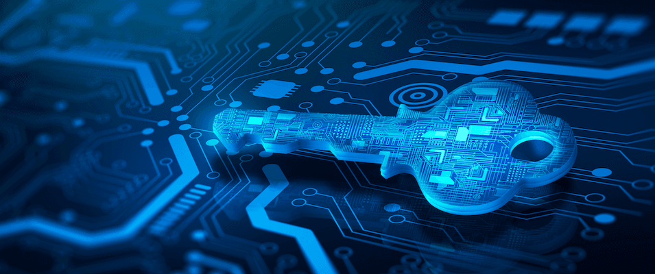 Blue microchip patterned key on a blue microchip background