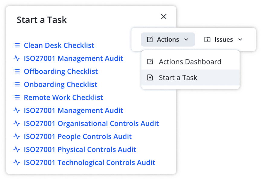 Start A Task drop down and options