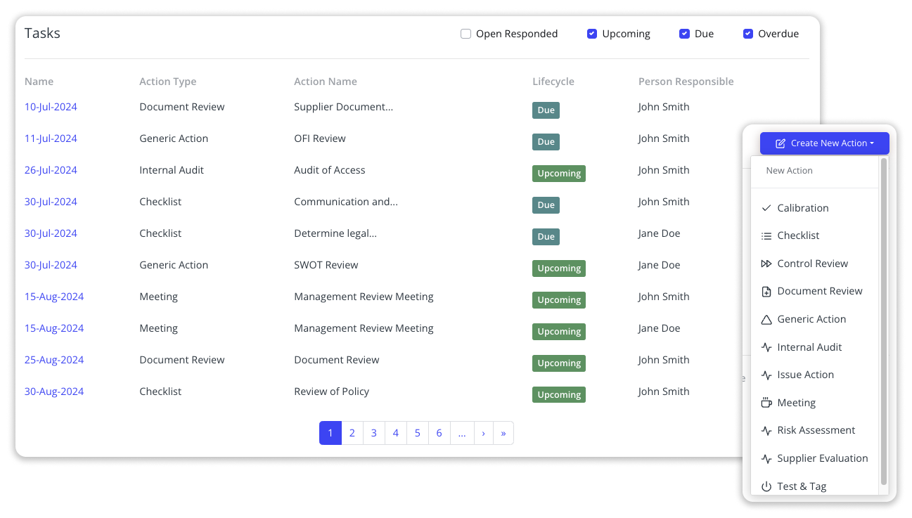 Actions dashboard with drop down for new action