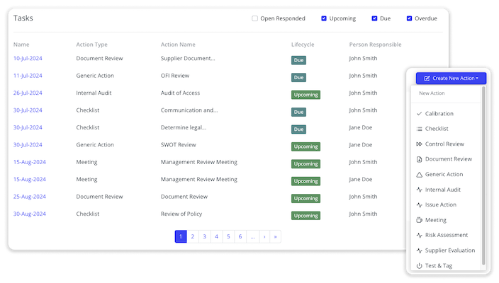 An actions table, viewing upcoming, due and overdue tasks