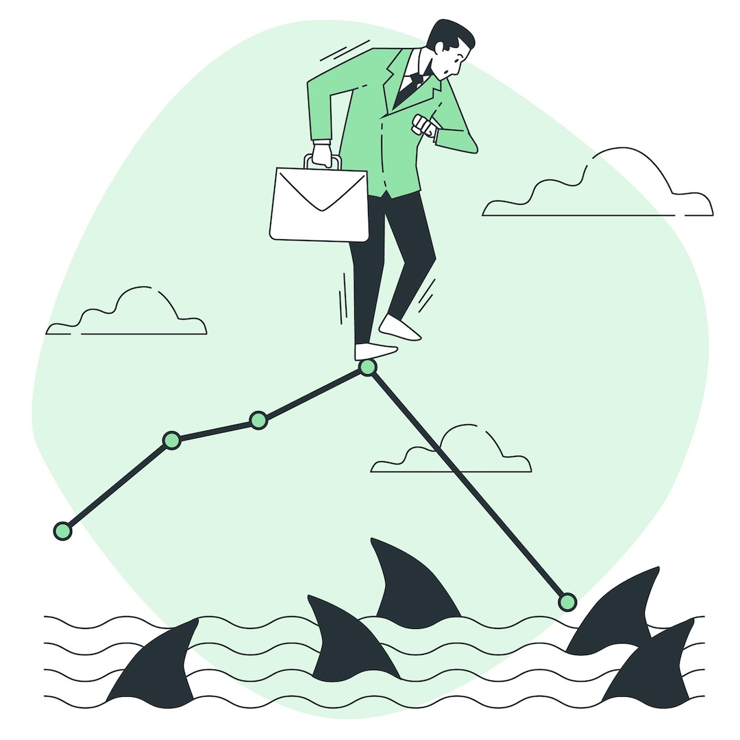 Man standing on a graph over sharks