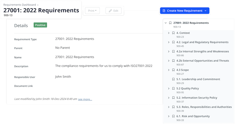 Details of an ISO 27001:2022 Framework, with clauses in the side-bar on the right, and a create new requirement button on the top right