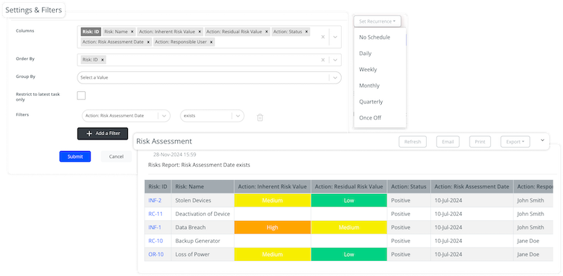 Settings and filters for a report, with a generated risk report and recurrence options.