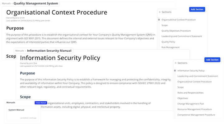 Manual Sections of ISO 9001 and ISO 27001