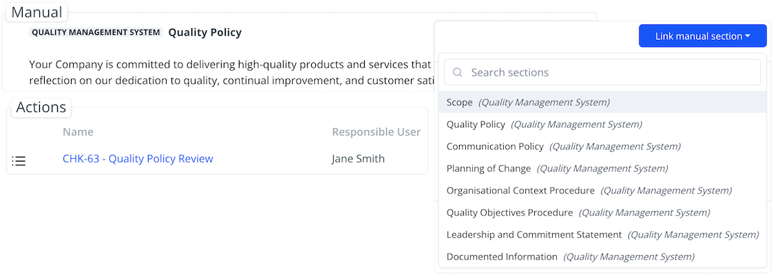 Manual linking capabilities, with the manual linked to actions and a dropdown of linking a manual section