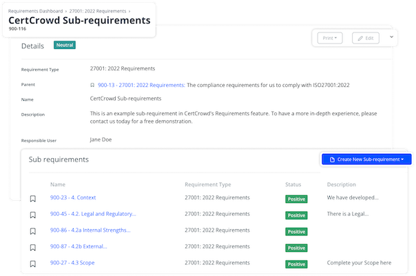 Sub-requirements of a Requirement, with a table showing more sub-requirements